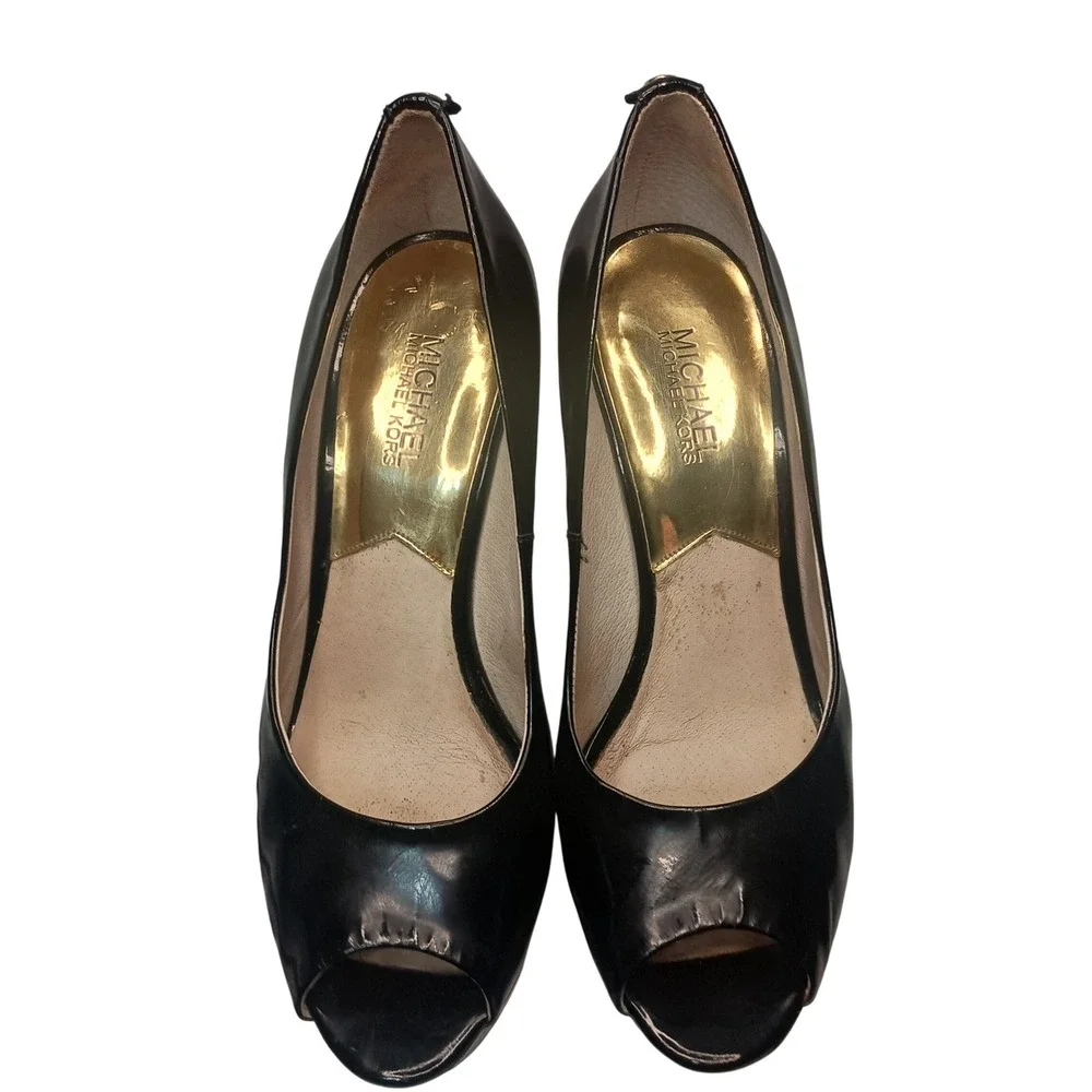 Michael Kors Adalia Peep Black Patent Leather Stripe Detail Wedge Heels SKUW669 - Picture 3 of 7